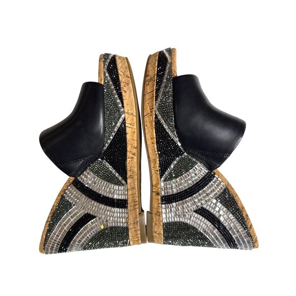 INC Black Leather Cork Wedge Sandals W/Rhinestone Embellished Heel 6.5 - Picture 7 of 10
